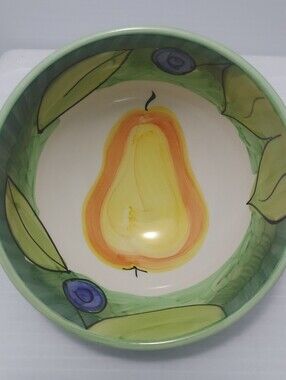 Bob Mackie Cereal Dessert Bowl Pears Grapes Fruit Bright Yellow Green Retired